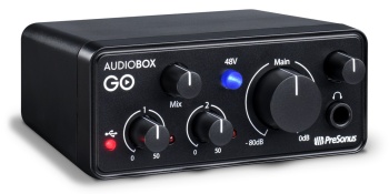 PreSonus AudioBox GO аудио интерфейс, USB 2.0, 2вх/2 вых канала, 1мик,1инстр, 24бит/44-96кГц